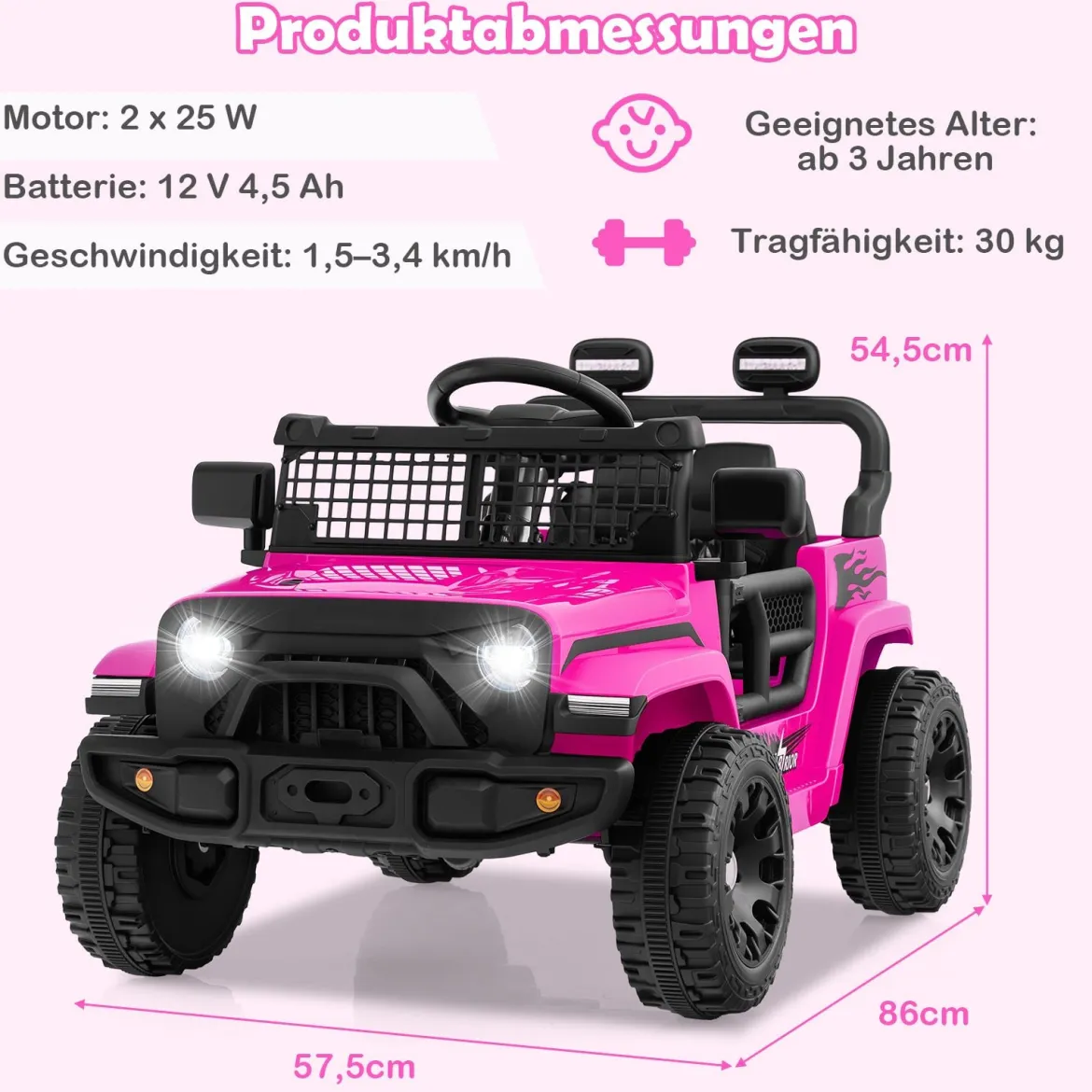 12V Kinder Elektroato Elektro Kinderauto mit Fernbedienung & Musik & Hupe & LED-Lichter Rosa