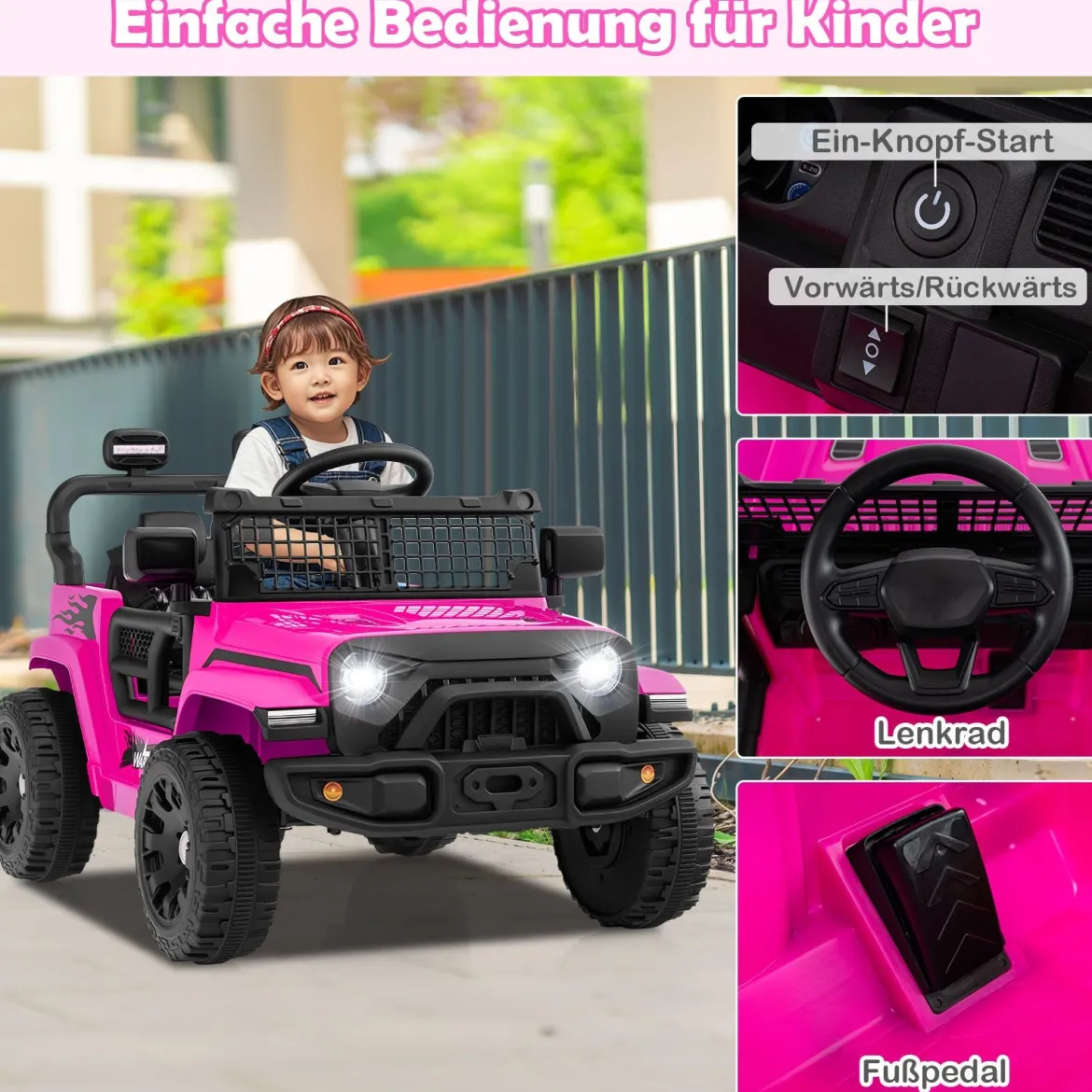 12V Kinder Elektroato Elektro Kinderauto mit Fernbedienung & Musik & Hupe & LED-Lichter Rosa