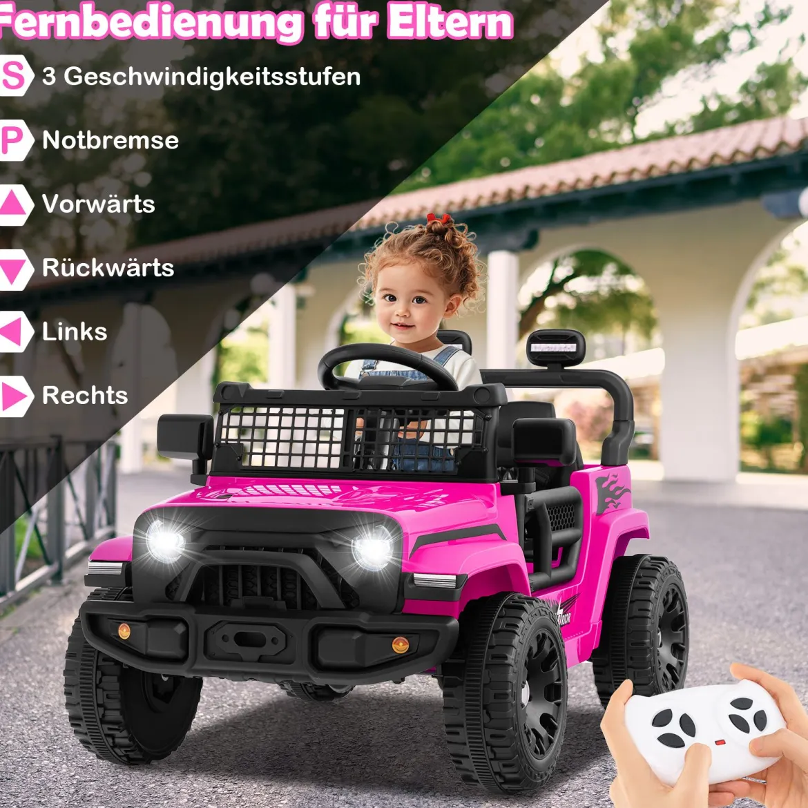 12V Kinder Elektroato Elektro Kinderauto mit Fernbedienung & Musik & Hupe & LED-Lichter Rosa