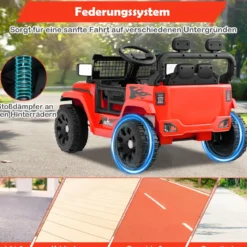 12V Kinder Elektroato Elektro Kinderauto mit Fernbedienung & Musik & Hupe & LED-Lichter Elektrofahrzeug mit 3 Geschwindigkeiten Rot