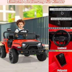 12V Kinder Elektroato Elektro Kinderauto mit Fernbedienung & Musik & Hupe & LED-Lichter Elektrofahrzeug mit 3 Geschwindigkeiten Rot