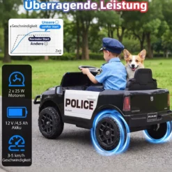 12 V Kinder Elektroauto mit Fernbedienung Blinkendem Blaulicht & Originalen Sirenengeräuschen Schwarz