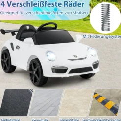 12V Kinder Elektroauto mit Fernbedienung & Soft-Start Lizenzierter Porsche Elektrofahrzeug Weiß