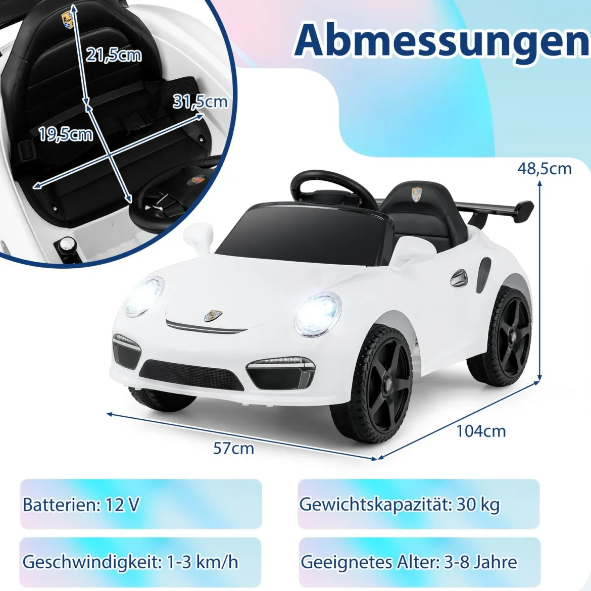12V Kinder Elektroauto mit Fernbedienung & Soft-Start Lizenzierter Porsche Elektrofahrzeug Weiß