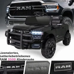 12V Kinder Elektroauto RAM 3500 mit 2 25W Motoren für Kinder ab 3 Jahren 3,1-5 km/h Schwarz