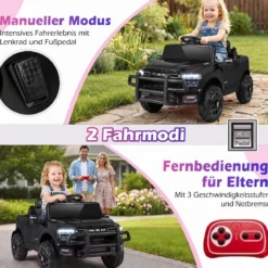 12V Kinder Elektroauto RAM 3500 mit 2 25W Motoren für Kinder ab 3 Jahren 3,1-5 km/h Schwarz