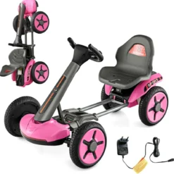 12V Kinder Elektro Gokart mit LED & 2-fach Verstellbarem Lenkrad & SitzLichter Rosa