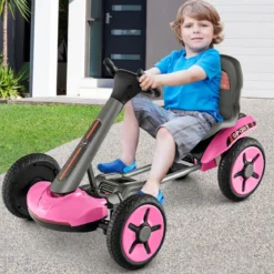 12V Kinder Elektro Gokart mit LED & 2-fach Verstellbarem Lenkrad & SitzLichter Rosa