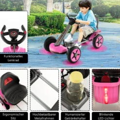 12V Kinder Elektro Gokart mit LED & 2-fach Verstellbarem Lenkrad & SitzLichter Rosa