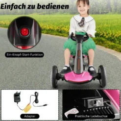 12V Kinder Elektro Gokart mit LED & 2-fach Verstellbarem Lenkrad & SitzLichter Rosa