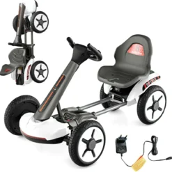 12V Kinder Elektro Gokart mit LED & 2-fach Verstellbarem Lenkrad & SitzLichter Weiß