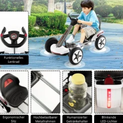 12V Kinder Elektro Gokart mit LED & 2-fach Verstellbarem Lenkrad & SitzLichter Weiß