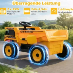 24V Kinder Elektro-Kippwagen 4-Rad Baumaschine mit Kippmulde Schaufel Fernbedienung Gelb