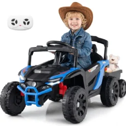 12V Kindertraktor mit Abnehmbarem Anhänger & Eltern-Fernbedienung Elektro-UTV Blau