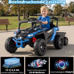 12V Kindertraktor mit Abnehmbarem Anhänger & Eltern-Fernbedienung Elektro-UTV Blau