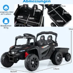 12V Kindertraktor mit Abnehmbarem Anhänger & Eltern-Fernbedienung Elektro-UTV Schwarz