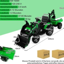 12V Kinder Traktor mit Anhänger & Grabschaufel & MP3-Player für Kinder von 3-8 J. Grün
