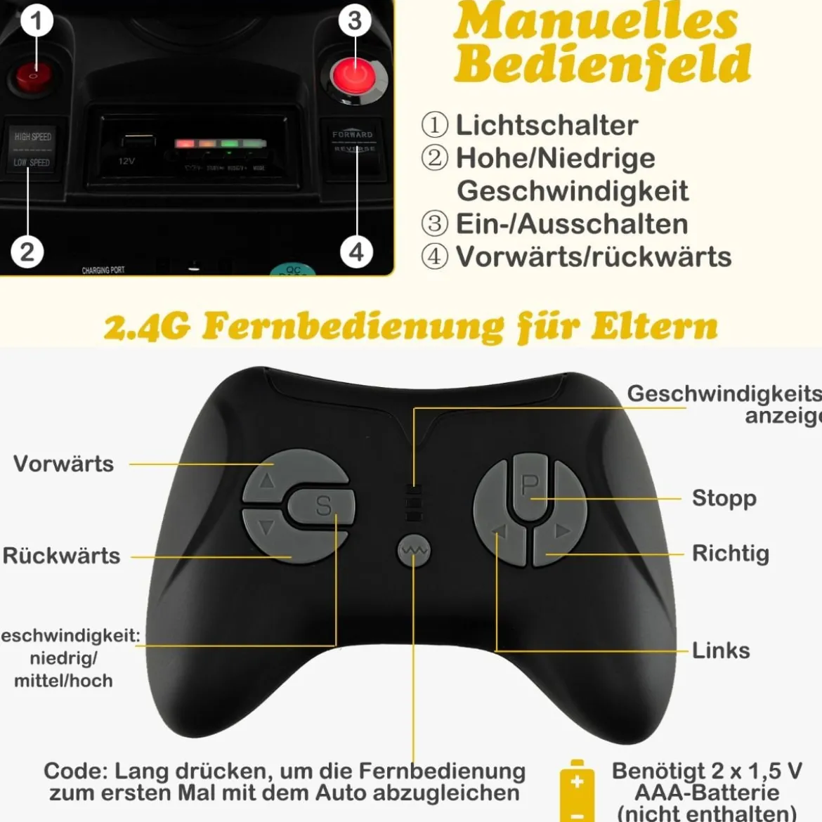 12V Kinder Traktor mit Anhänger & Grabschaufel & MP3-Player für Kinder von 3-8 J. Gelb