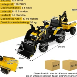 12V Kinder Traktor mit Anhänger & Grabschaufel & MP3-Player für Kinder von 3-8 J. Gelb