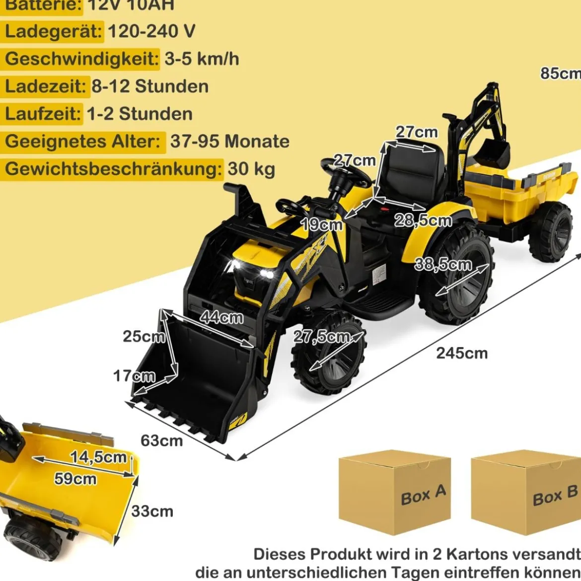 12V Kinder Traktor mit Anhänger & Grabschaufel & MP3-Player für Kinder von 3-8 J. Gelb