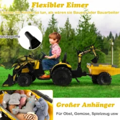 12V Kinder Traktor mit Anhänger & Grabschaufel & MP3-Player für Kinder von 3-8 J. Gelb