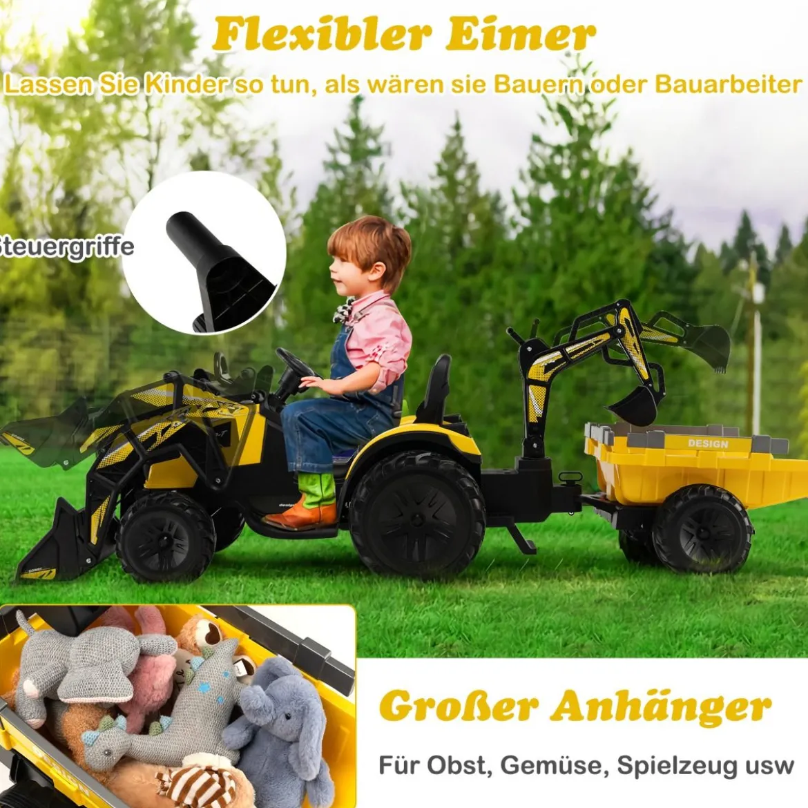 12V Kinder Traktor mit Anhänger & Grabschaufel & MP3-Player für Kinder von 3-8 J. Gelb