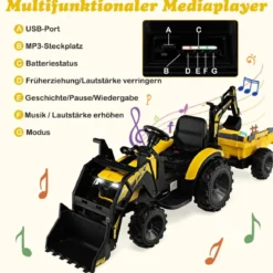 12V Kinder Traktor mit Anhänger & Grabschaufel & MP3-Player für Kinder von 3-8 J. Gelb