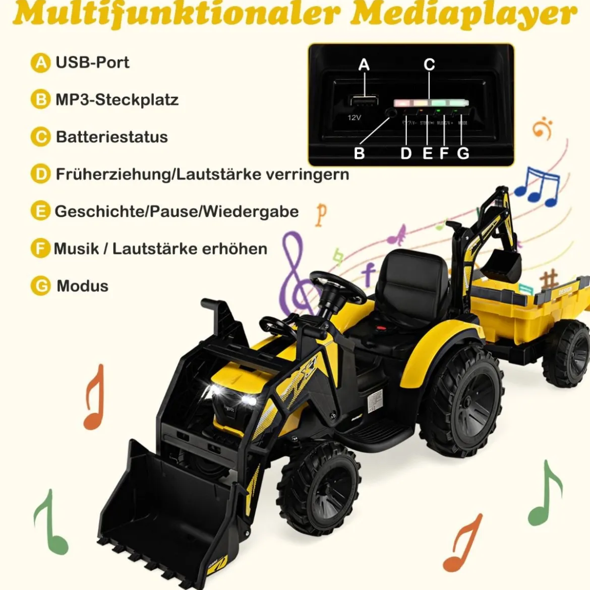 12V Kinder Traktor mit Anhänger & Grabschaufel & MP3-Player für Kinder von 3-8 J. Gelb