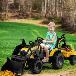 12V Kinder Traktor mit Anhänger & Grabschaufel & MP3-Player für Kinder von 3-8 J. Gelb