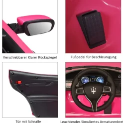 12V Maserati Kinderauto mit 2,4G-Fernbedienung & Musik & LED für Kinder ab 3 Jahren Rosa
