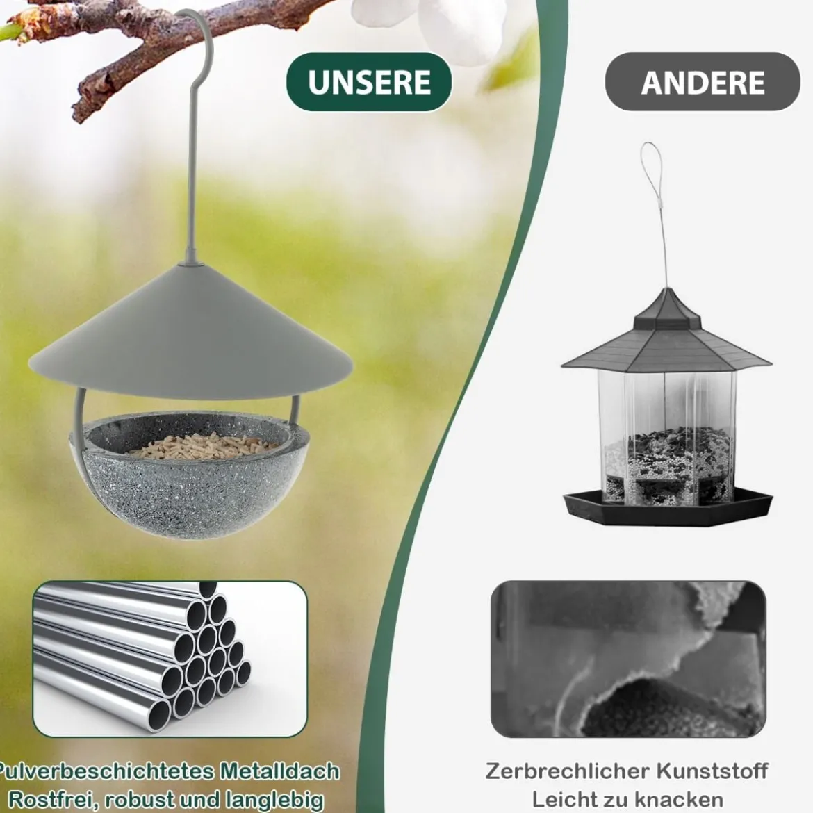 Vogelfutterhaus zum Aufhängen 2 in 1 Vogelfutterspender & Vogelbad Grau