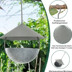 Vogelfutterhaus zum Aufhängen 2 in 1 Vogelfutterspender & Vogelbad Grau
