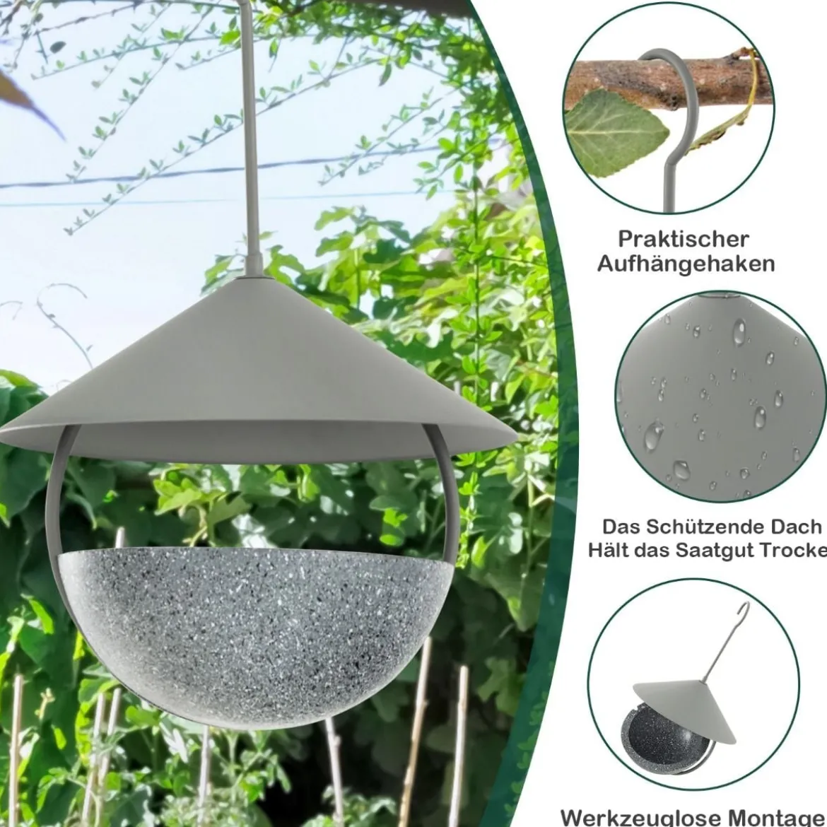 Vogelfutterhaus zum Aufhängen 2 in 1 Vogelfutterspender & Vogelbad Grau