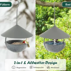 Vogelfutterhaus zum Aufhängen 2 in 1 Vogelfutterspender & Vogelbad Grau