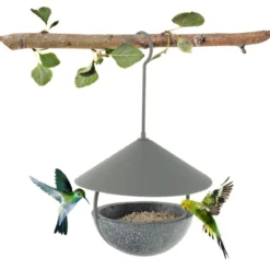 Vogelfutterhaus zum Aufhängen 2 in 1 Vogelfutterspender & Vogelbad Grau