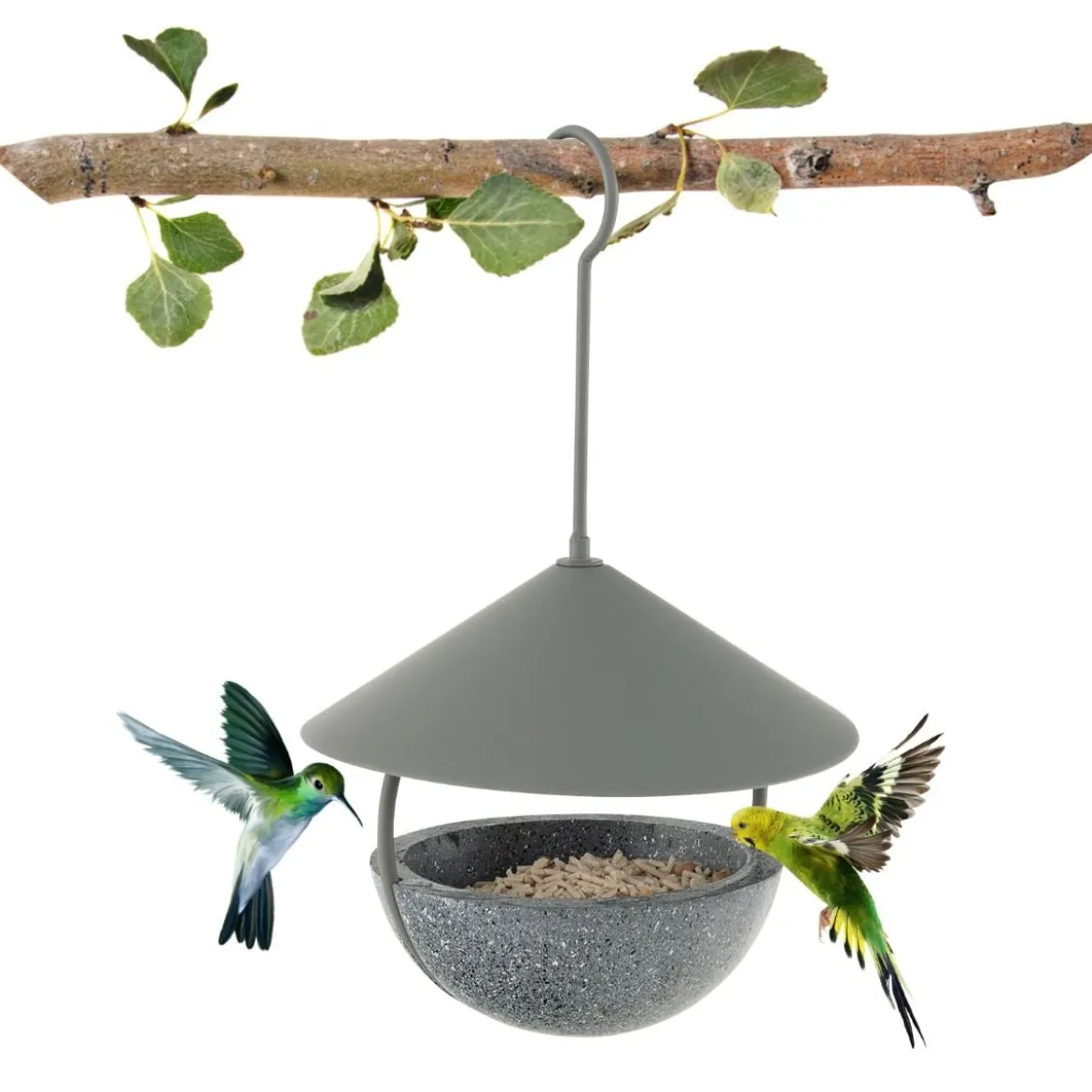 Vogelfutterhaus zum Aufhängen 2 in 1 Vogelfutterspender & Vogelbad Grau