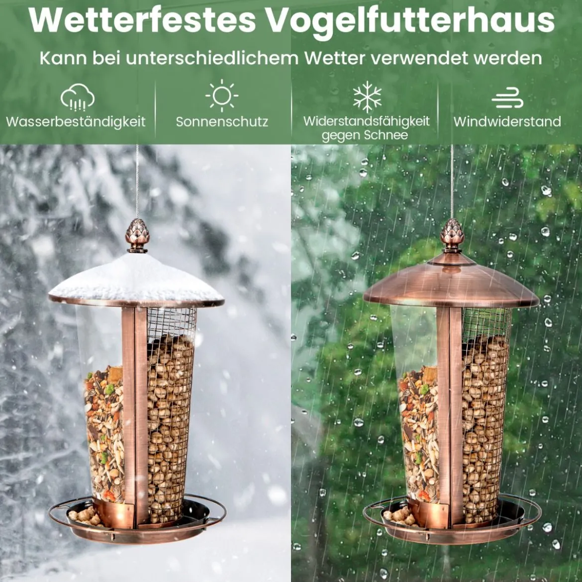 Vogelfutterspender zum Aufhängen 2-in-1-Futterhäuschen für Wildvögel 16 x 28 cm Bronze