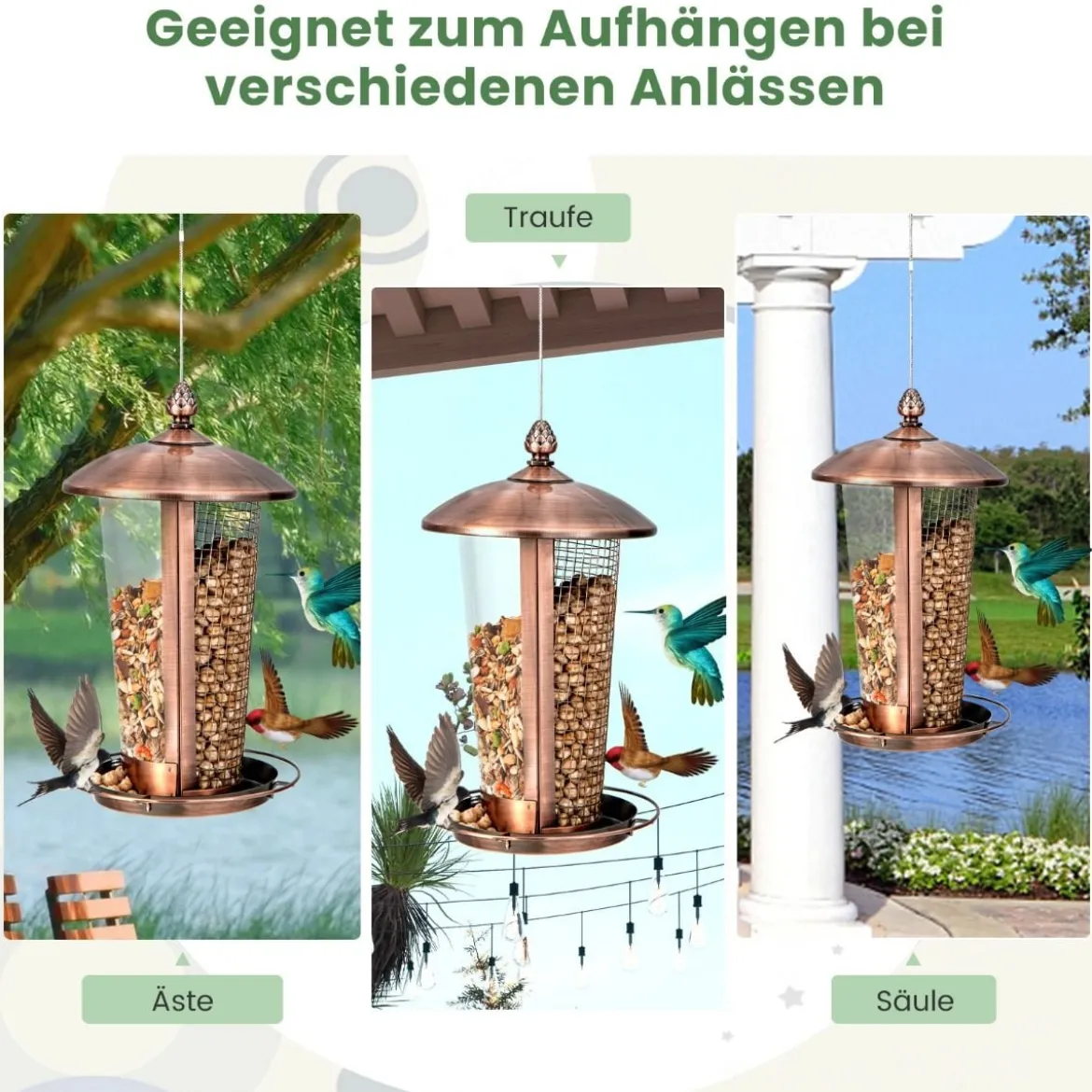 Vogelfutterspender zum Aufhängen 2-in-1-Futterhäuschen für Wildvögel 16 x 28 cm Bronze