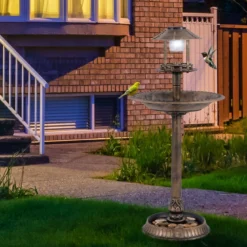 Vogeltränke mit Solarleuchte & Blumentopf Vogelfutterhaus Vogelfutterstation Futterspender Bronze