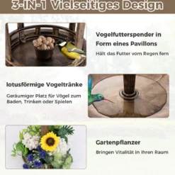 Vogeltränke mit Solarleuchte & Blumentopf Vogelfutterhaus Vogelfutterstation Futterspender Bronze