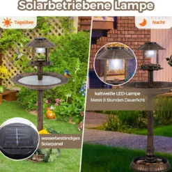 Vogeltränke mit Solarleuchte & Blumentopf Vogelfutterhaus Vogelfutterstation Futterspender Bronze