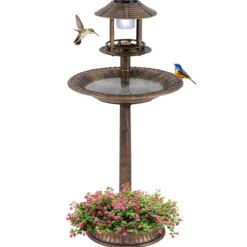 Vogeltränke mit Solarleuchte & Blumentopf Vogelfutterhaus Vogelfutterstation Futterspender Bronze