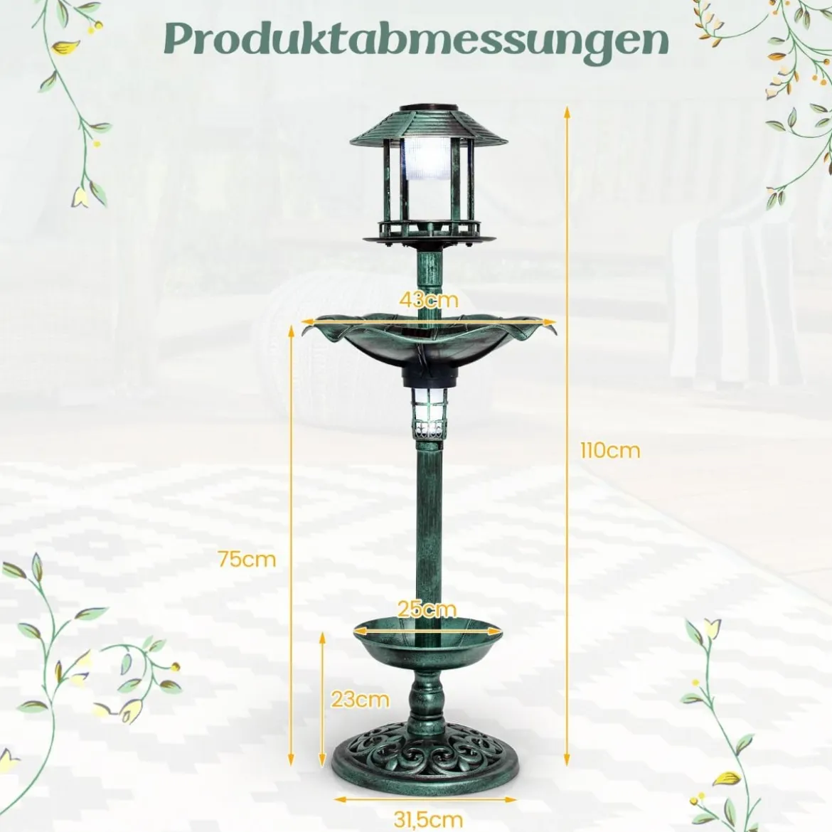 Vogeltränke mit Solarleuchte Blumentopf Vogelfutterhaus Ø43 x 110 cm Grün