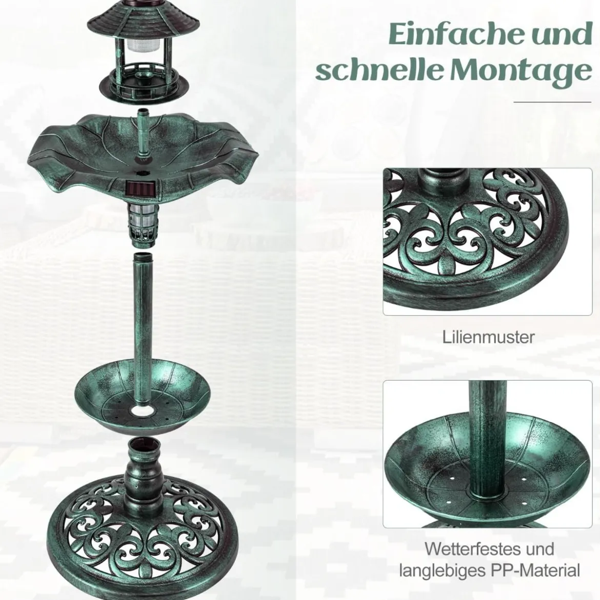 Vogeltränke mit Solarleuchte Blumentopf Vogelfutterhaus Ø43 x 110 cm Grün