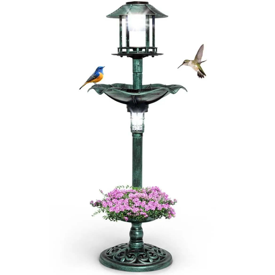 Vogeltränke mit Solarleuchte Blumentopf Vogelfutterhaus Ø43 x 110 cm Grün
