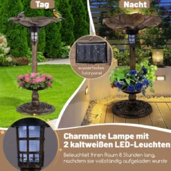 Vogeltränke mit Solarleuchte Blumentopf Vogelfutterhaus & Ständer Vogelfutterstation Retro Ø43 x 76cm Bronze