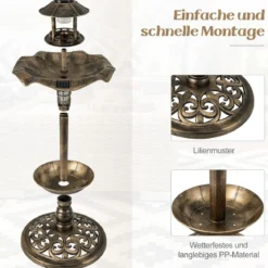 Vogeltränke mit Solarleuchte Blumentopf Vogelfutterhaus Ø43 x 110 cm Bronze