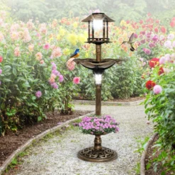 Vogeltränke mit Solarleuchte Blumentopf Vogelfutterhaus Ø43 x 110 cm Bronze
