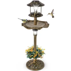 Vogeltränke mit Solarleuchte Blumentopf Vogelfutterhaus Ø43 x 110 cm Bronze
