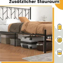 Vollmetall Plattformbettgestell mit Kopfteil & geräuschfreie Matratzenunterlage stabile Metallschlittenstütze Schwarz